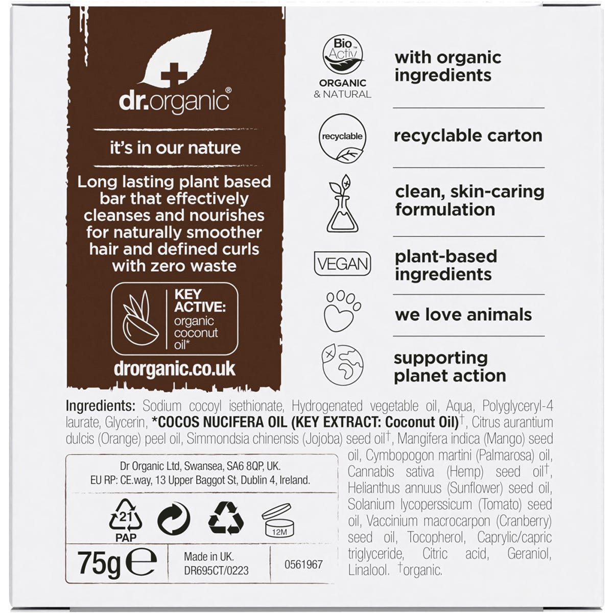 Dr Organic Shampoo & Conditioner Bar Coconut Orange Curly & Thick 75g Payless 4 Organics