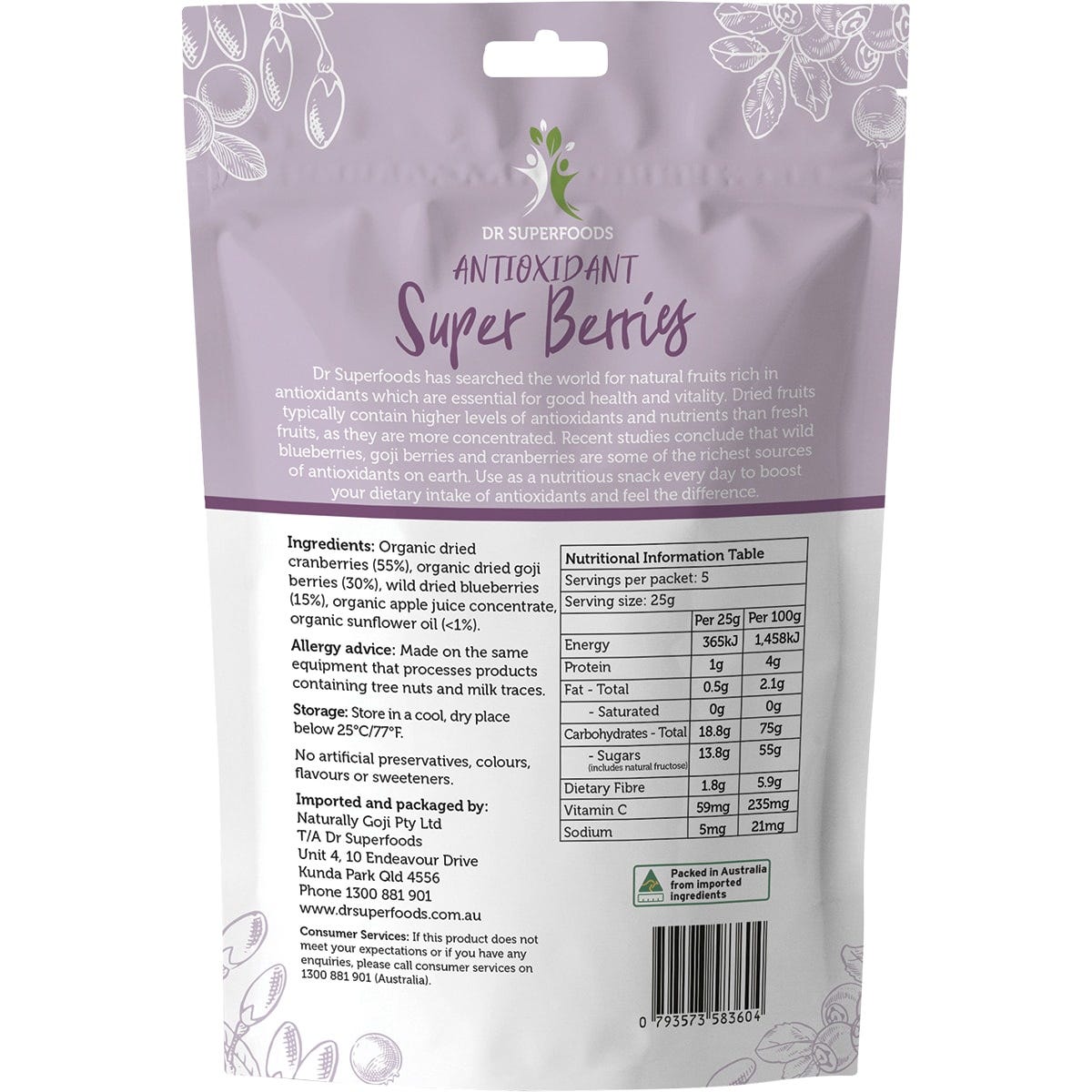 Rear of Dr Superfoods 125g bag showing ingredients, nutrition facts, and antioxidant benefits of the berry mix.