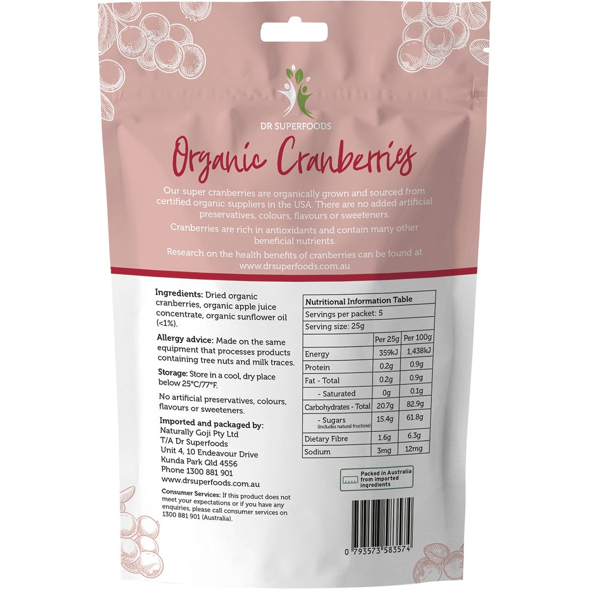 Back of 125g Dr Superfoods organic dried cranberries bag showing nutritional information and ingredients list.