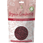 125g bag of Dr Superfoods organic whole dried cranberries infused with apple juice on a white background.