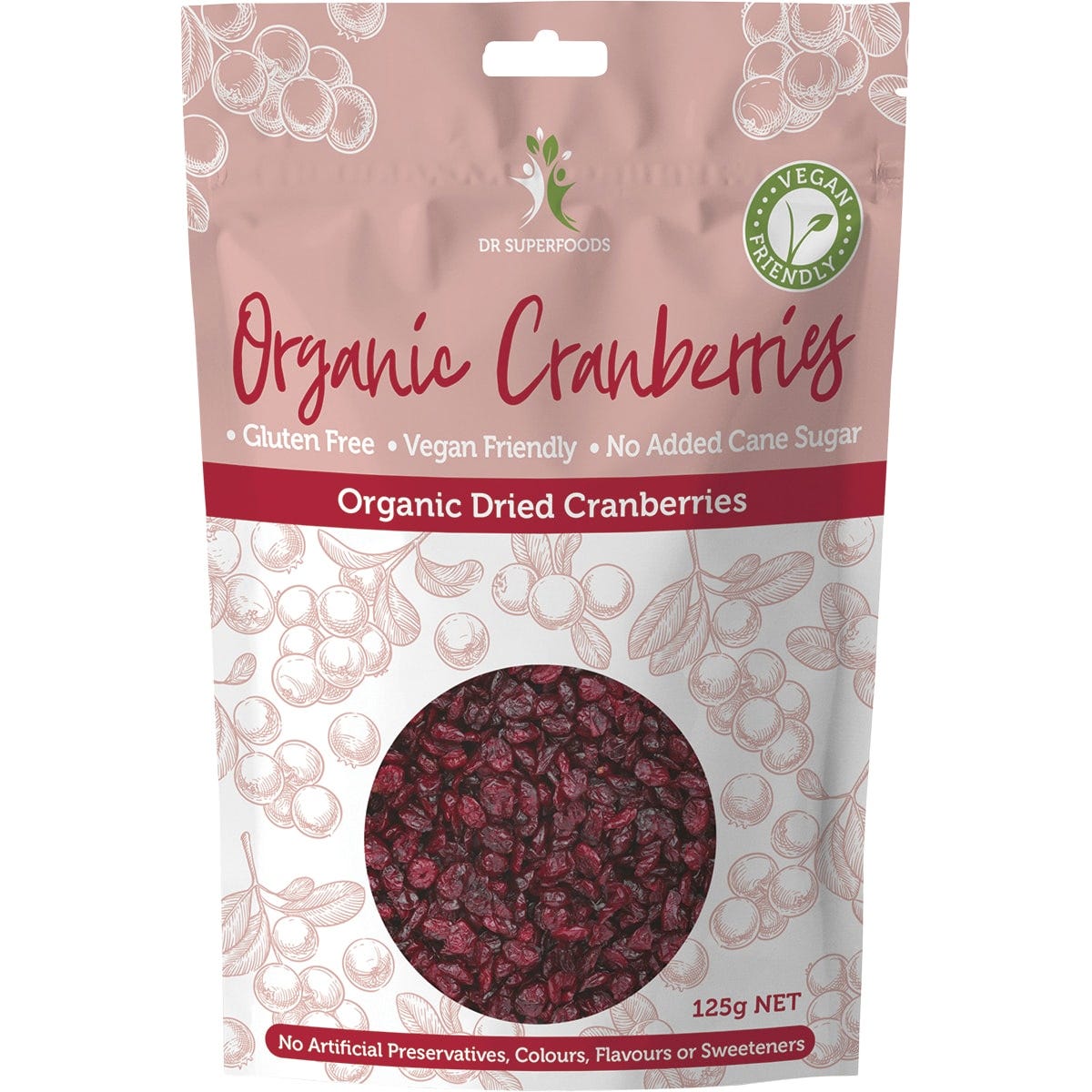 125g bag of Dr Superfoods organic whole dried cranberries infused with apple juice on a white background.