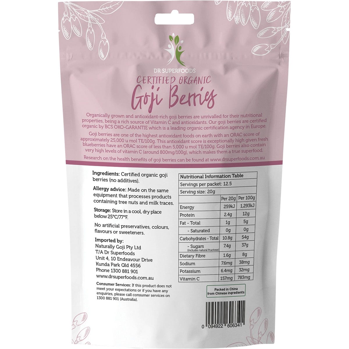 Back of a 250g bag of Dr Superfoods organic dried goji berries showing nutritional information and product details.
