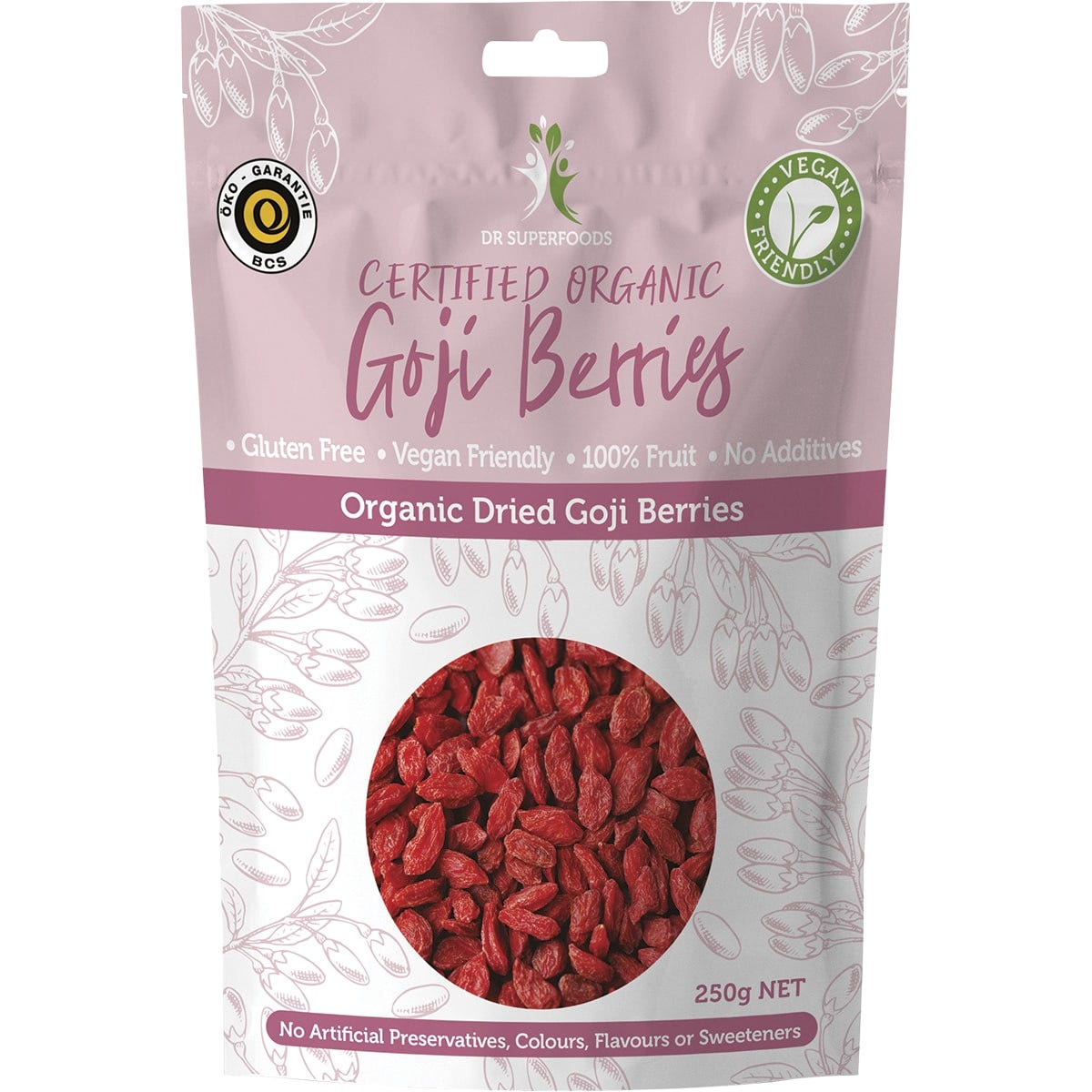 250g bag of Dr Superfoods organic dried goji berries on a white background.