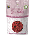 500g bag of Dr Superfoods Certified Organic Dried Goji Berries with a clear window showing the red berries inside.