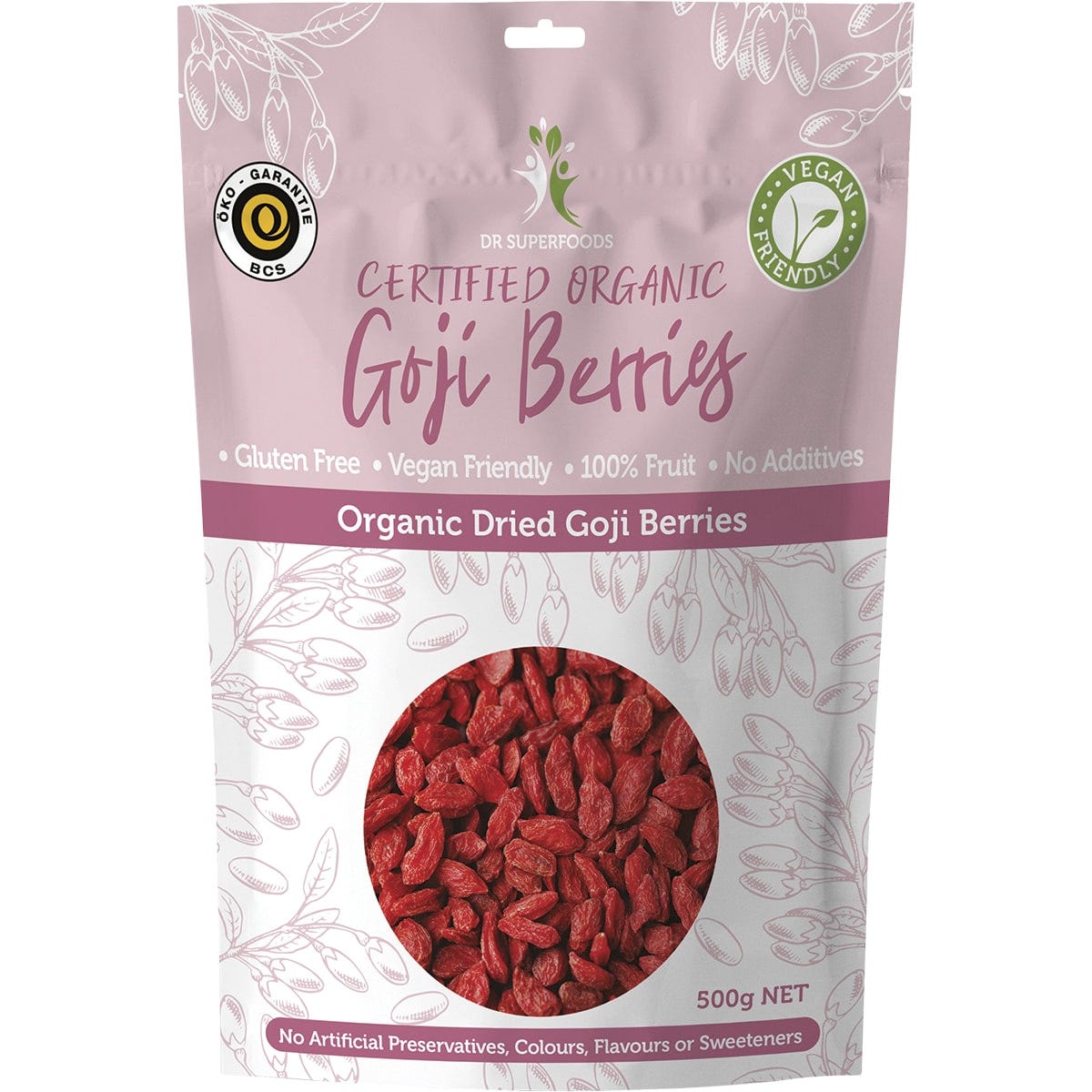 500g bag of Dr Superfoods Certified Organic Dried Goji Berries with a clear window showing the red berries inside.