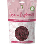 125g bag of Dr Superfoods Organic Dried Raspberries with a transparent window showing red dried fruit.