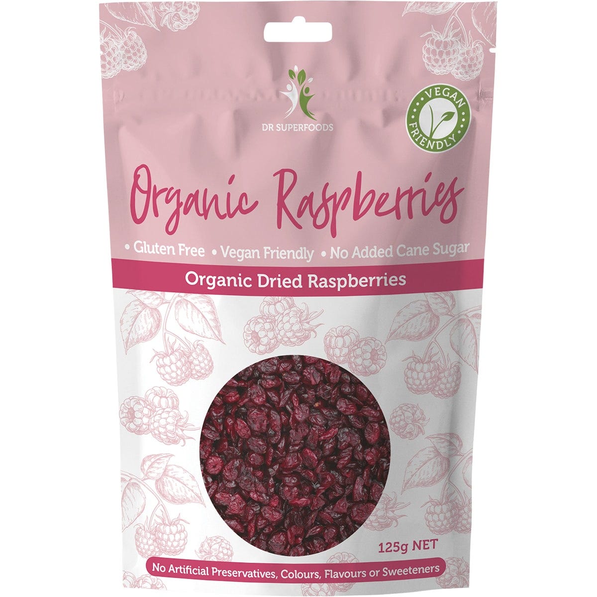 125g bag of Dr Superfoods Organic Dried Raspberries with a transparent window showing red dried fruit.