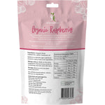 Organic 125g bag of Dr Superfoods dried raspberries showing nutritional information and ingredients.