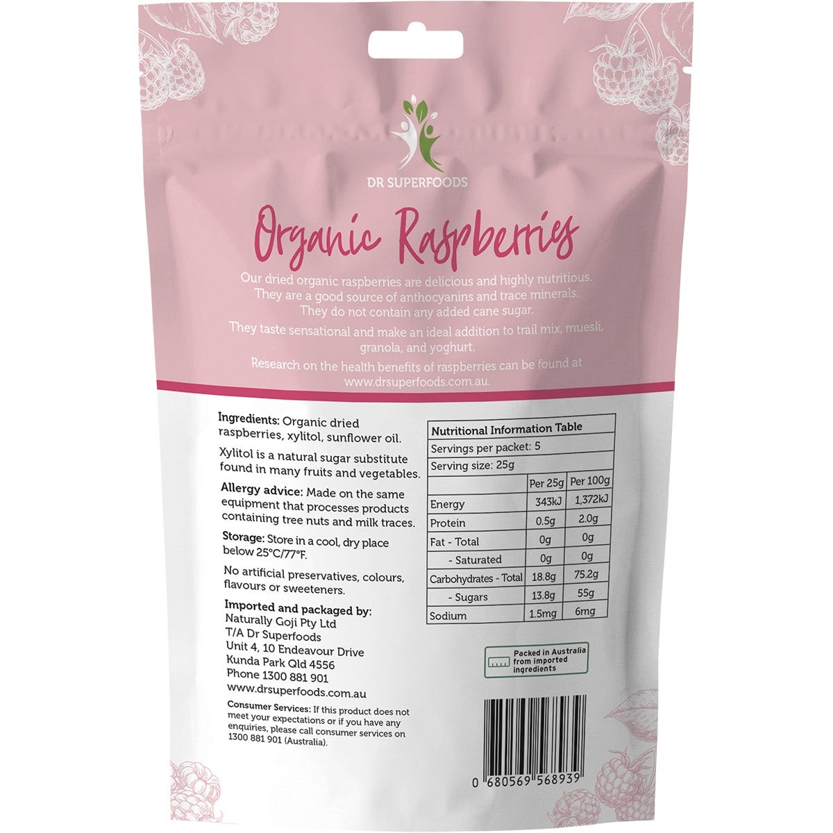 Organic 125g bag of Dr Superfoods dried raspberries showing nutritional information and ingredients.