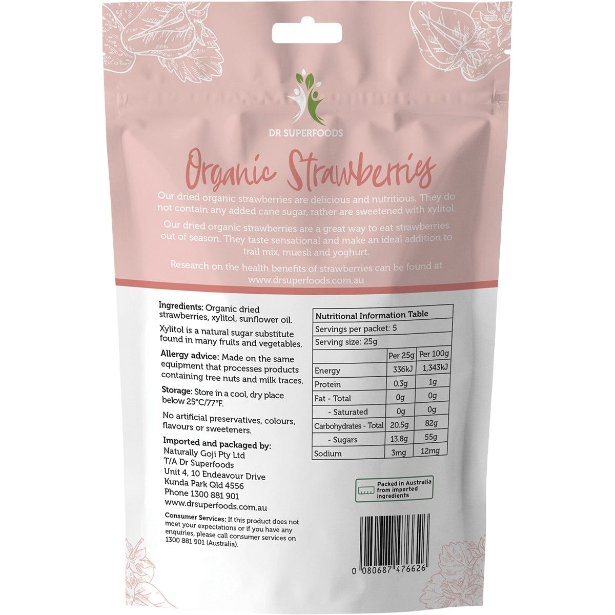Dr Superfoods Organic Dried Strawberries 125g bag with whole dried strawberries on a white background.