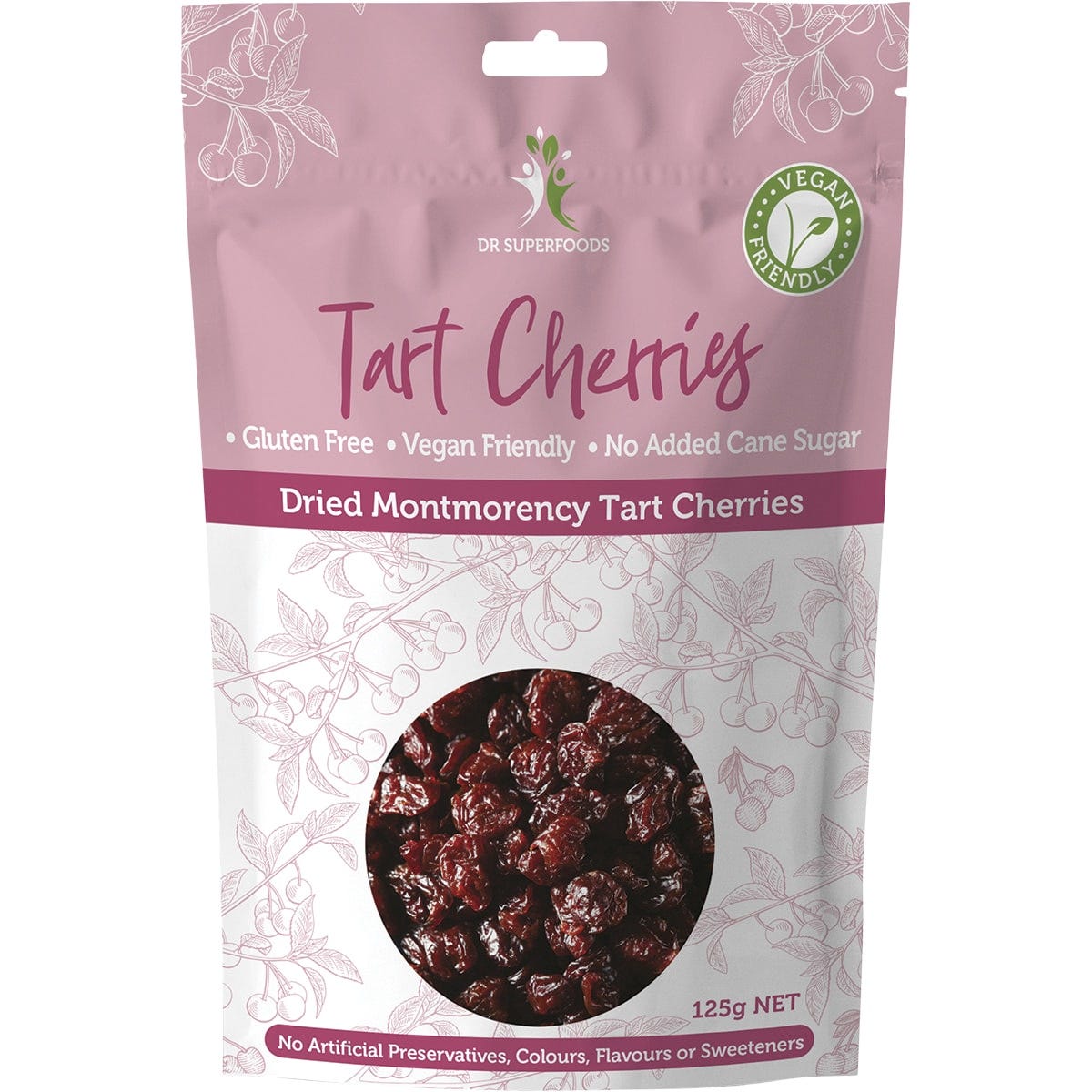 125g bag of Dr Superfoods Dried Tart Cherries on a white background.