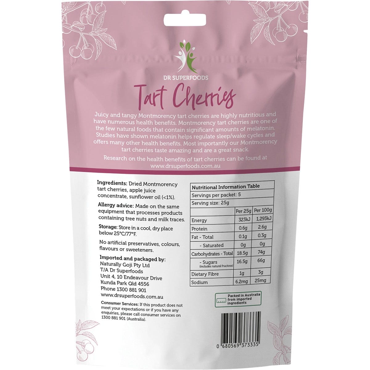 Dr Superfoods Dried Tart Cherries 125g bag against a white background.