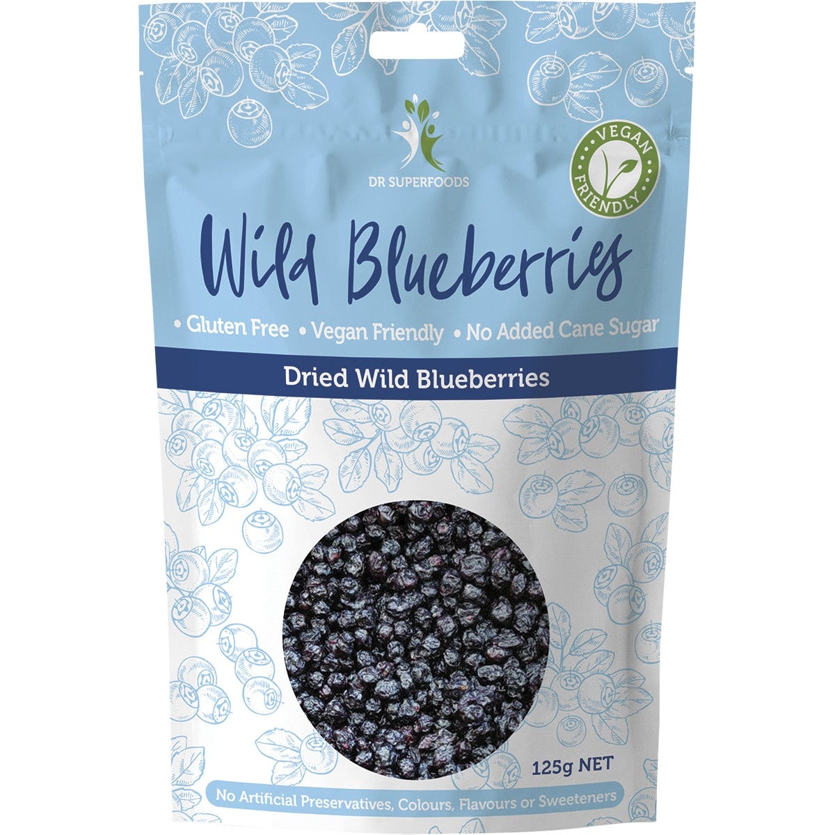 125g bag of Dr Superfoods Dried Wild Blueberries with a dark blue label on a white background.