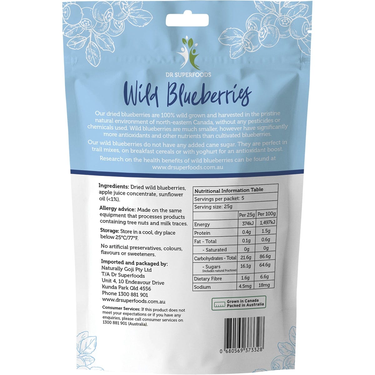 125g bag of Dr Superfoods Dried Wild Blueberries showing the back of the packaging with nutritional information.