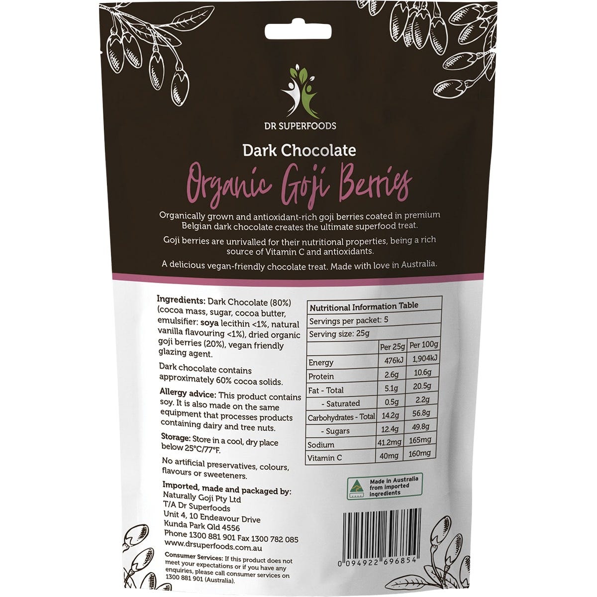 Dr Superfoods Organic Dark Chocolate Goji Berries 125g bag with whole chocolate-coated berries on a white background.