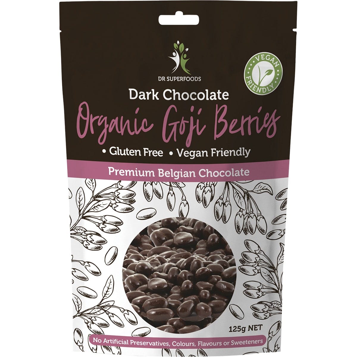 125g bag of Dr Superfoods Organic Dark Chocolate Goji Berries with a red and brown label on a white background.