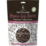 300g tub of Dr Superfoods organic dark chocolate coated goji berries on a white background.