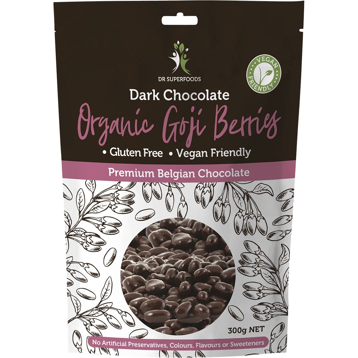 300g tub of Dr Superfoods organic dark chocolate coated goji berries on a white background.