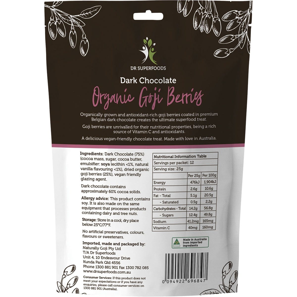 300g tub of Dr Superfoods organic dark chocolate goji berries on a white background.