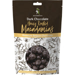 Dr Superfoods 100g pack of dark chocolate honey roasted macadamias featuring chocolate-coated nuts and a gold label.