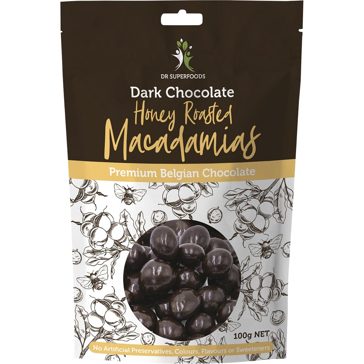 Dr Superfoods 100g pack of dark chocolate honey roasted macadamias featuring chocolate-coated nuts and a gold label.