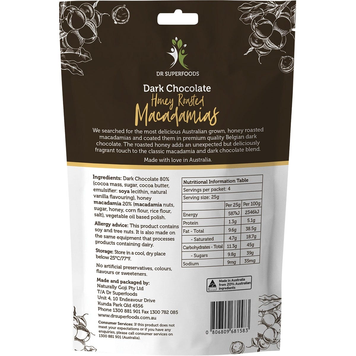 Dr Superfoods Honey Roasted Macadamias Dark Chocolate 100g pack showing chocolate-coated nuts on a white background.