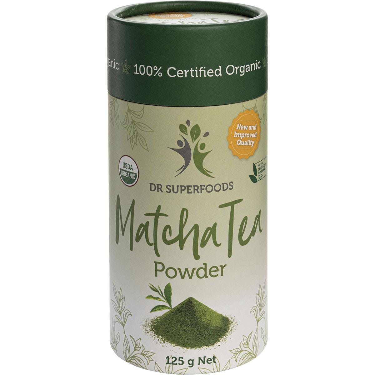125g cardboard tube of Dr Superfoods Organic Matcha Tea Powder with a vibrant green label on a white background.