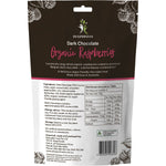 Back of Dr Superfoods 125g bag of organic dark chocolate raspberries showing nutrition and ingredient details.