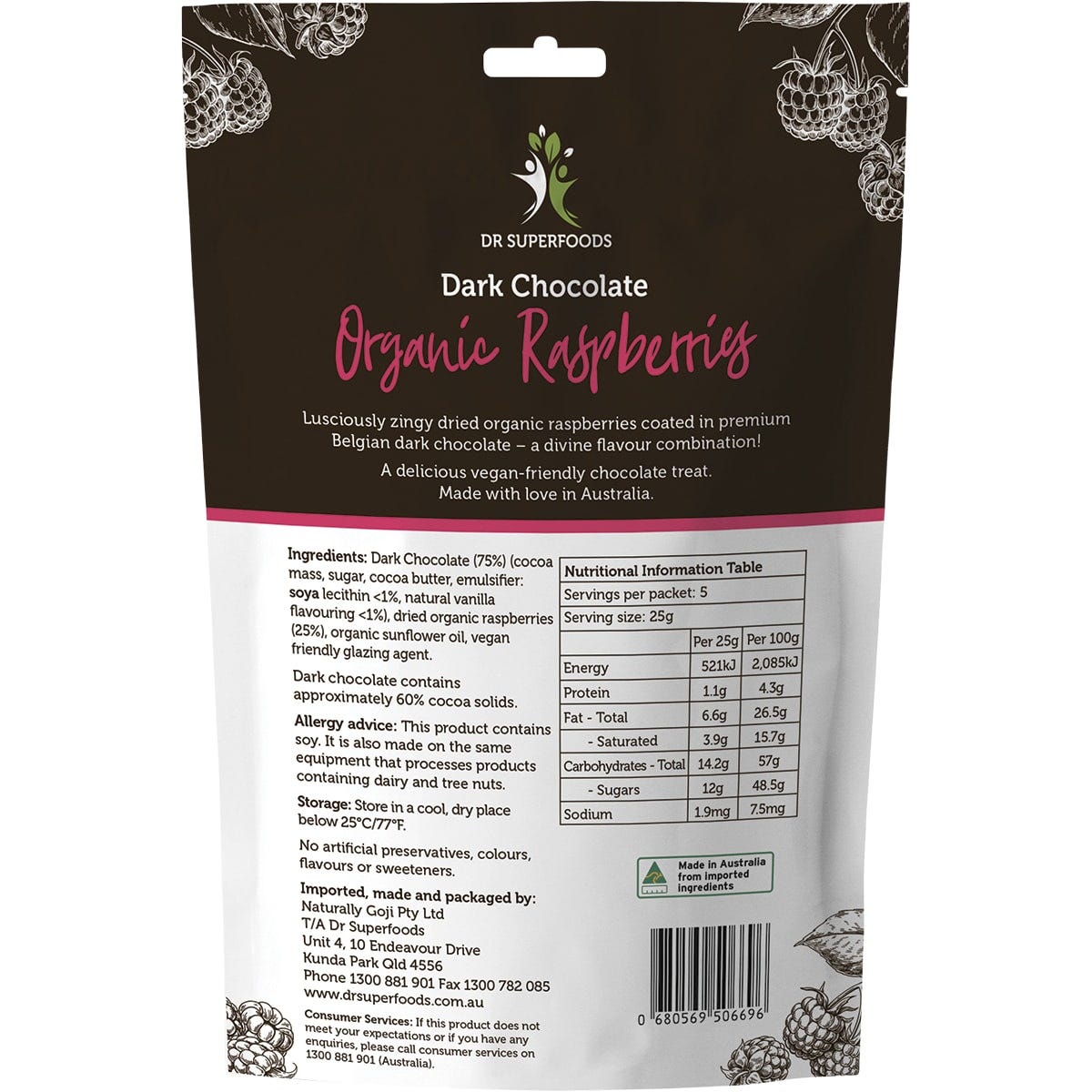 Back of Dr Superfoods 125g bag of organic dark chocolate raspberries showing nutrition and ingredient details.