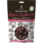 125g bag of Dr Superfoods organic dark chocolate coated raspberries on a white background.