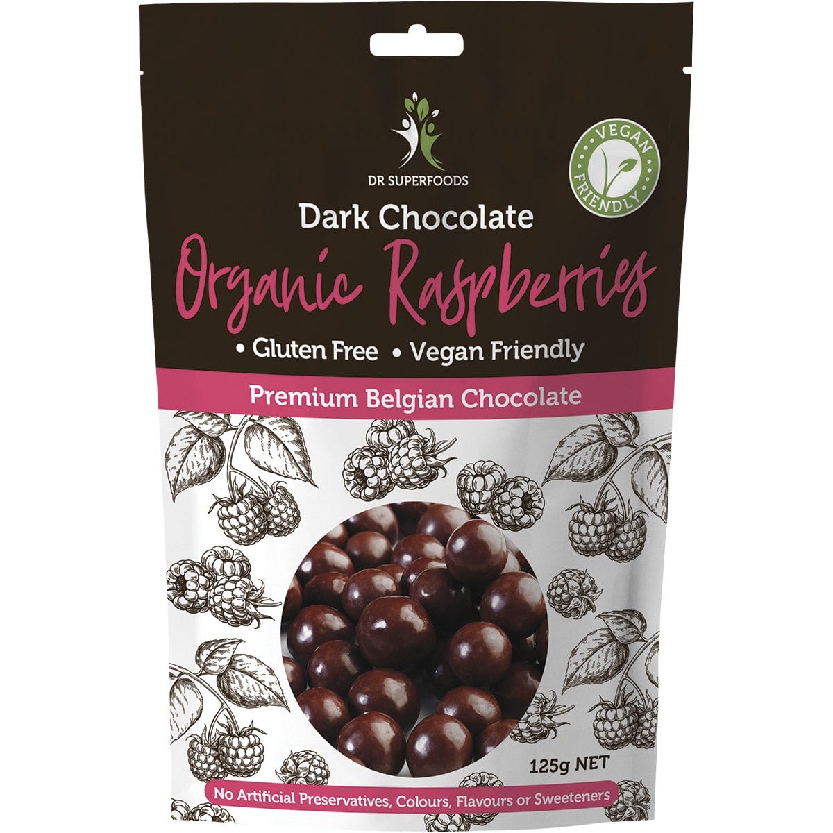 125g bag of Dr Superfoods organic dark chocolate coated raspberries on a white background.