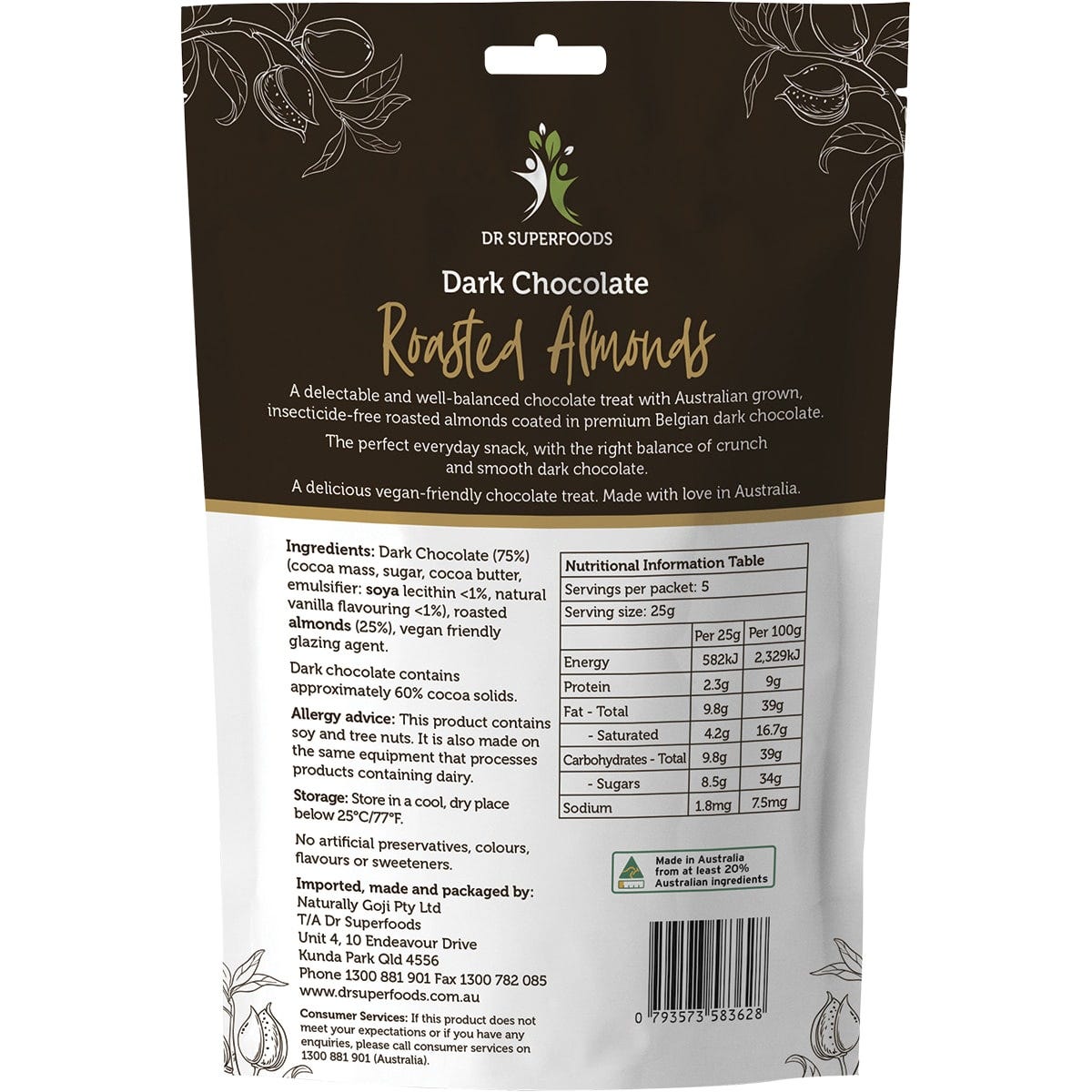 A 125g bag of Dr Superfoods Roasted Almonds Dark Chocolate with scattered chocolate-coated almonds on a white background.