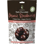 125g bag of Dr Superfoods Organic Dark Chocolate Strawberries featuring a whole strawberry dipped in chocolate.