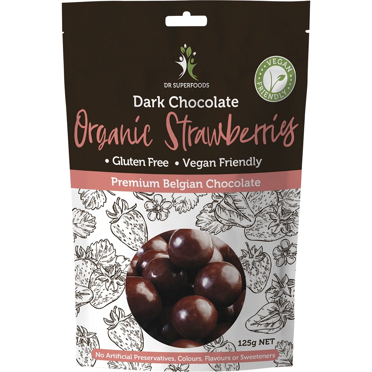 125g bag of Dr Superfoods Organic Dark Chocolate Strawberries featuring a whole strawberry dipped in chocolate.