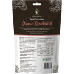 Back of Dr Superfoods 125g organic dark chocolate strawberries bag showing ingredients and nutritional info.