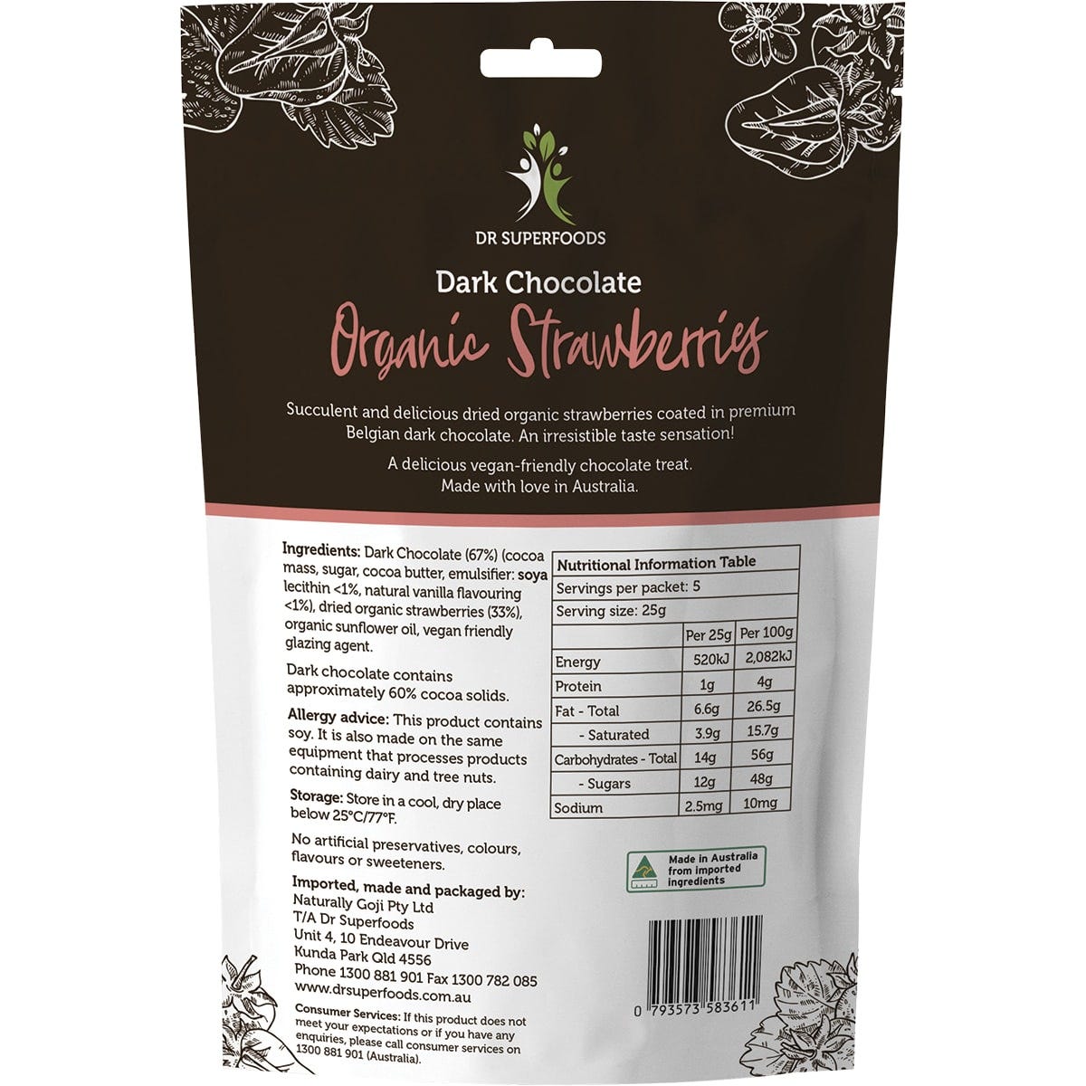 Back of Dr Superfoods 125g organic dark chocolate strawberries bag showing ingredients and nutritional info.