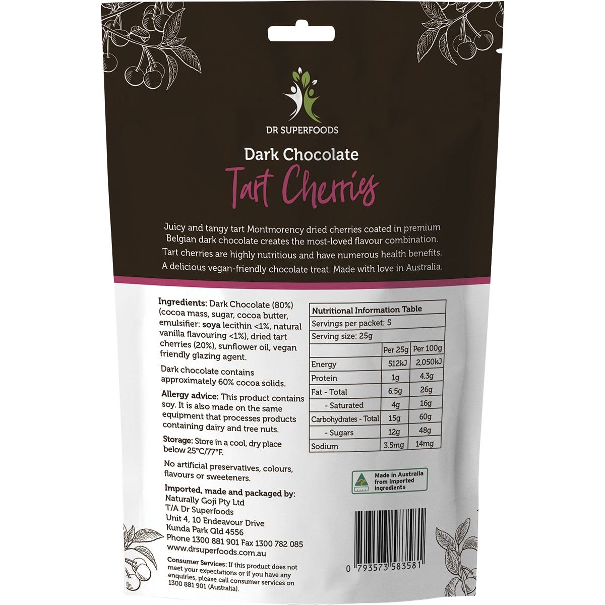 Back of Dr Superfoods Tart Cherries 125g bag with nutrition facts, ingredients, and product benefits.