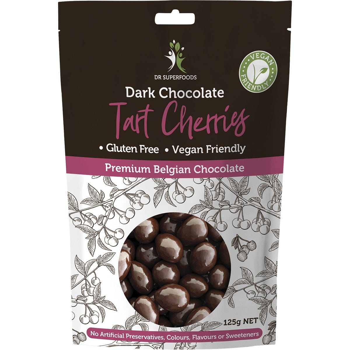 125g bag of Dr Superfoods Tart Cherries coated in premium Belgian dark chocolate.