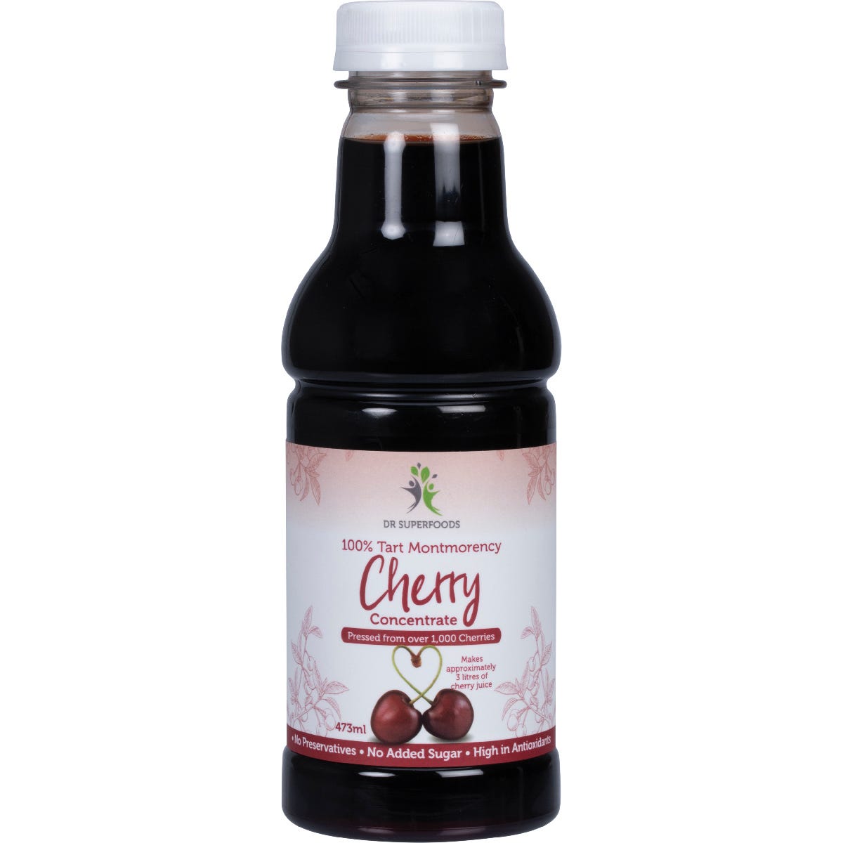 473ml bottle of Dr Superfoods Tart Cherry Concentrate with a red label featuring cherries on a white background.