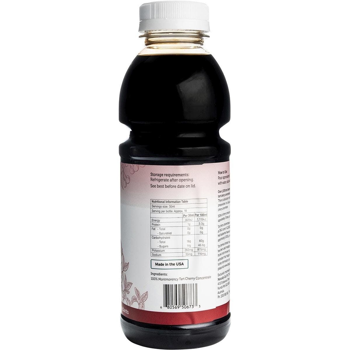Back of Dr Superfoods Tart Cherry Concentrate 473ml bottle with nutrition facts, ingredients, and usage directions.