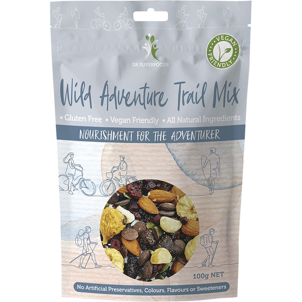 100g bag of Dr Superfoods Wild Adventure Trail Mix with dark chocolate, wild berries, and roasted nuts.