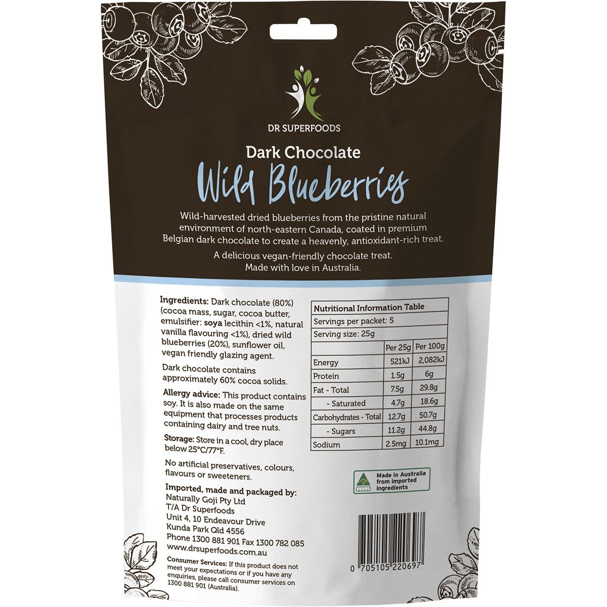 Dr Superfoods Wild Blueberries Dark Chocolate 125g Payless 4 Organics