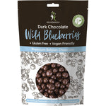 125g bag of Dr Superfoods Wild Blueberries coated in dark chocolate on a white background.