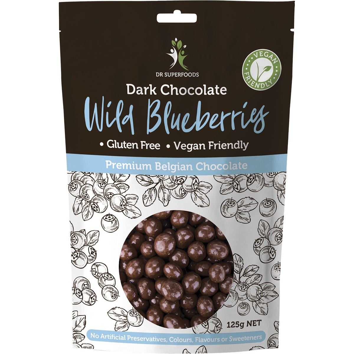 125g bag of Dr Superfoods Wild Blueberries coated in dark chocolate on a white background.
