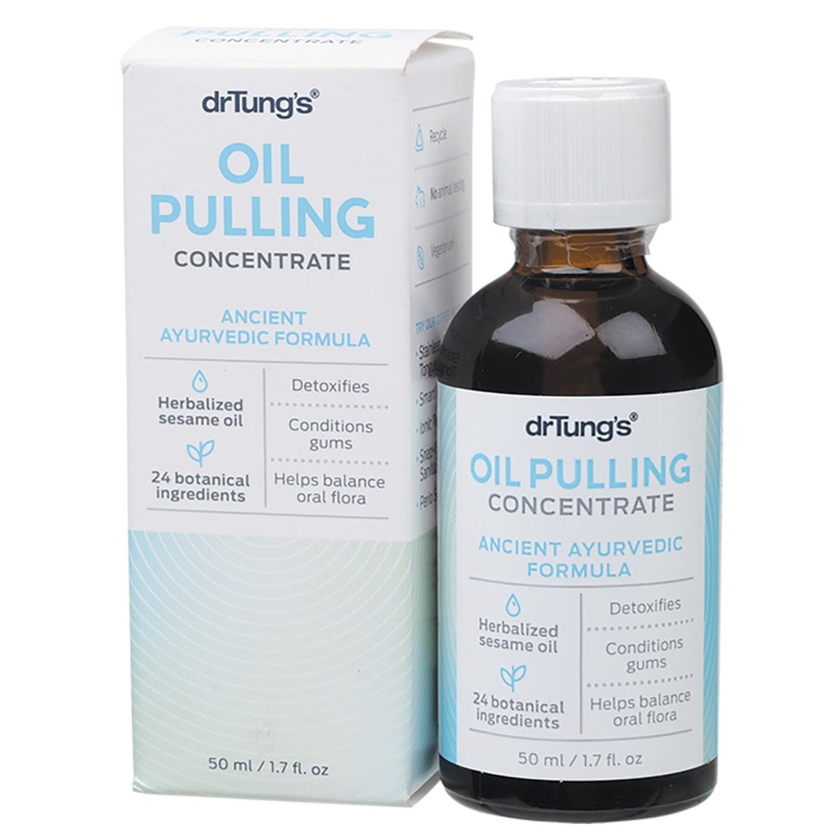 50ml bottle of Dr. Tung's Oil Pulling Concentrate with Ayurvedic botanicals and organic sesame oil.