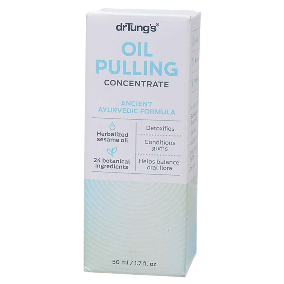 Back of Dr. Tung's Oil Pulling Concentrate 50ml bottle showing ingredients, directions, and product details.