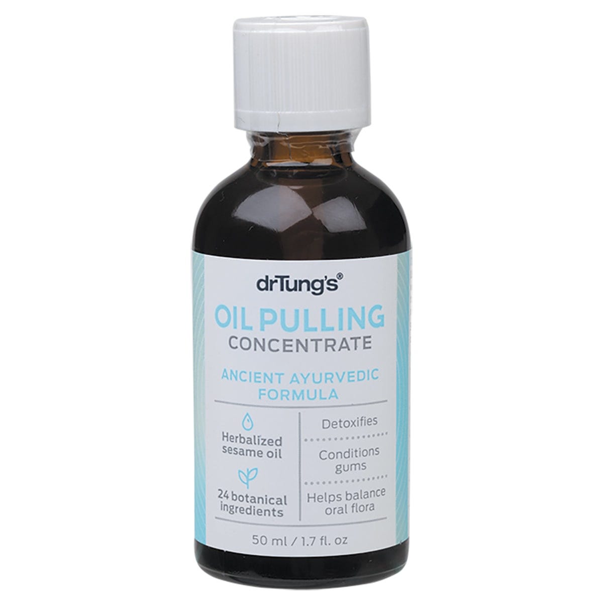 Dr. Tung's Oil Pulling Concentrate 50ml glass bottle with an orange label and dropper on a white background.