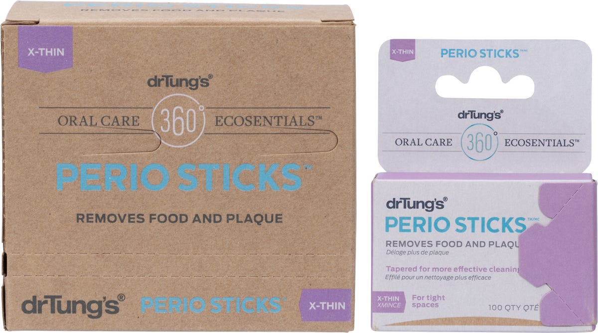 6-pack of Dr. Tung's Perio Sticks X-Thin, each containing 100 birch wood dental sticks in a slim, portable tin.