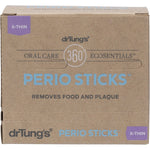 Back of a Dr. Tung's Perio Sticks X-Thin package showing product benefits, features, and professional recommendations.