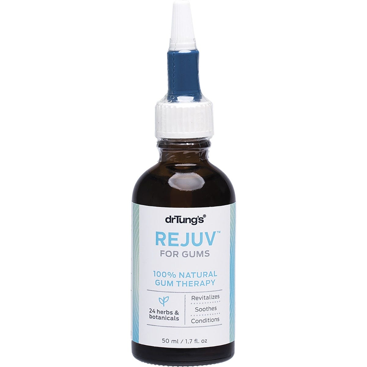 Dr. Tung's Rejuv for Gums 50ml bottle with a blue dropper lid and white label featuring 24 herbs and botanicals.